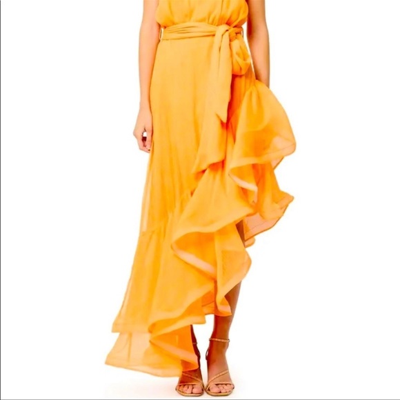 Elliate Maldives Ruffle Asymmetric Maxi Dress in Mango | Tangerine - Picture 3 of 12